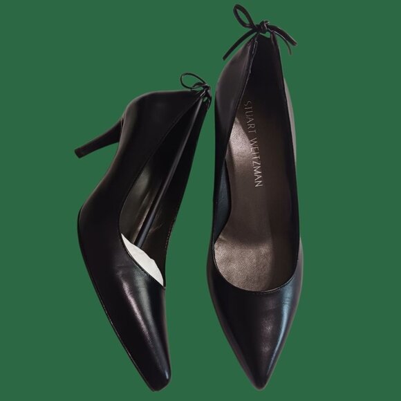 Stuart Weitzman Peekamid Leather Pointed Toe Heels Bow Detail Blk Size 36.5/6 - Picture 9 of 15